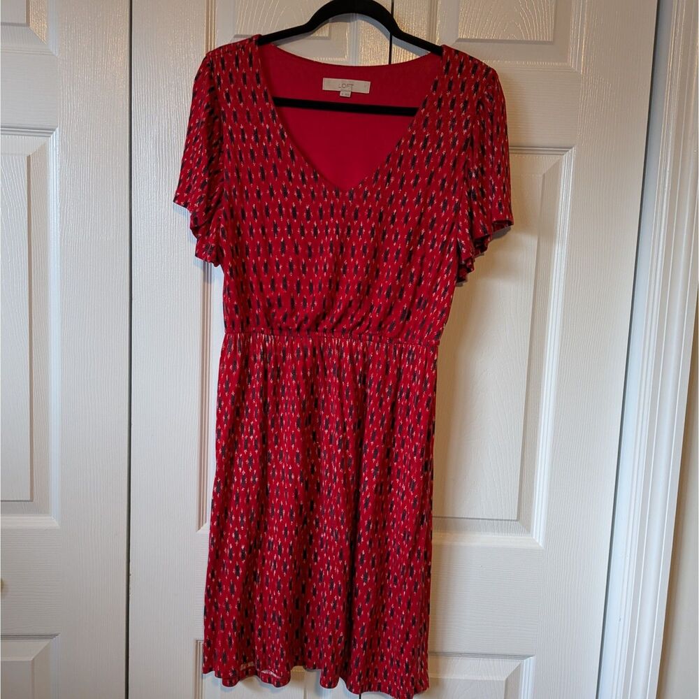 Loft Red Ikat Print Rayon V-Neck Flutter Sleeve Elastic Waist Knit Dress Medium